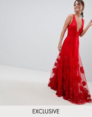 red embroidered prom dress