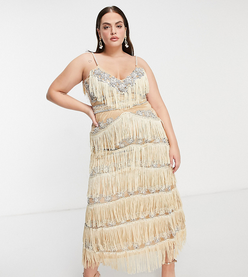 A Star Is Born Plus exclusive embellished fringe midaxi dress in silver and gold