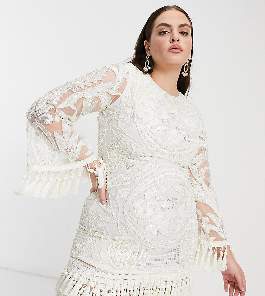 A Star Is Born Plus exclusive embellished mini dress with tassel fringe in white