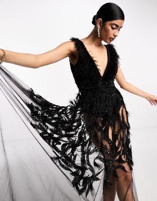 A Star is Born premium embellished maxi dress with built in bodysuit with sheer skirt in black