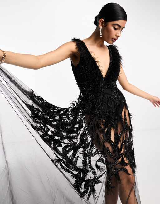 A Star Is Born - Premium - Maxi jurk met versiering en ingebouwde body en doorschijnende rok in zwart 