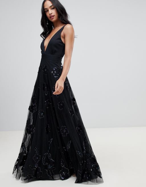 A Star Is Born prom maxi dress with plunge front in black