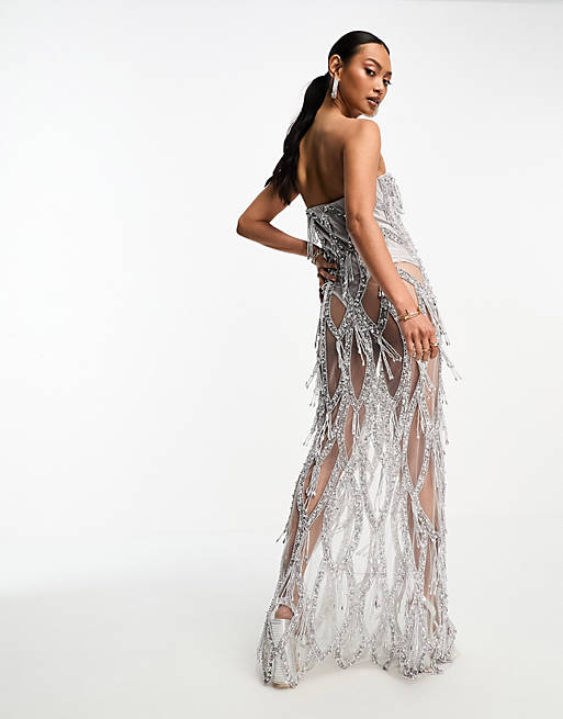 A Star is Born sheer embellished maxi dress with built in bodysuit in  silver