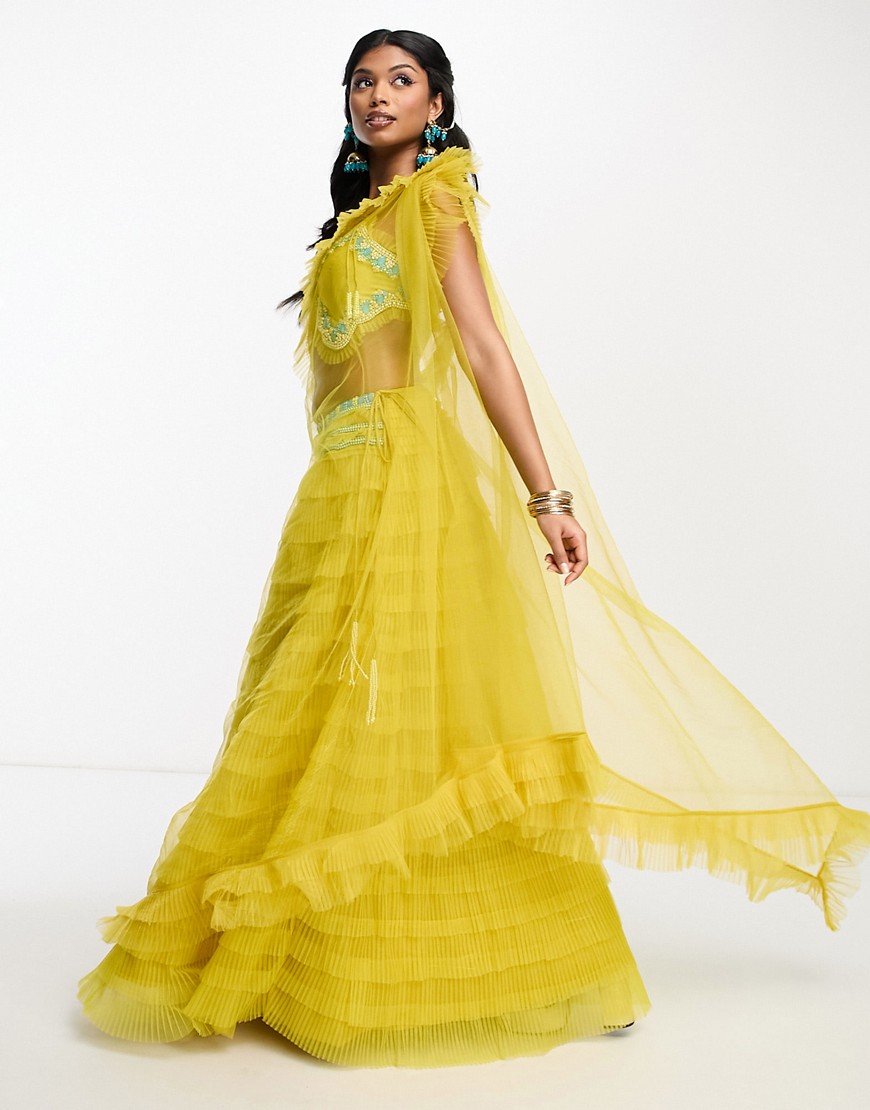 A Star Is Born tiered tulle lehenga skirt and dupatta in mustard yellow co-ord