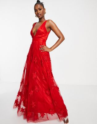 A Star Is Born v neck embellished maxi prom dress in red