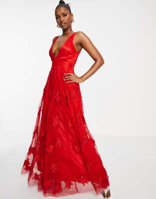 A Star Is Born v neck embellished maxi prom dress in red