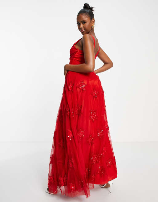 Red embroidered hot sale prom dress