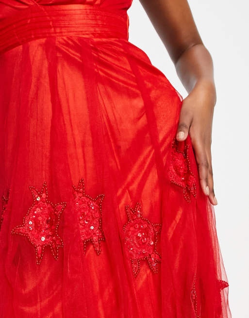 A Star Is Born v neck embellished maxi prom dress in red