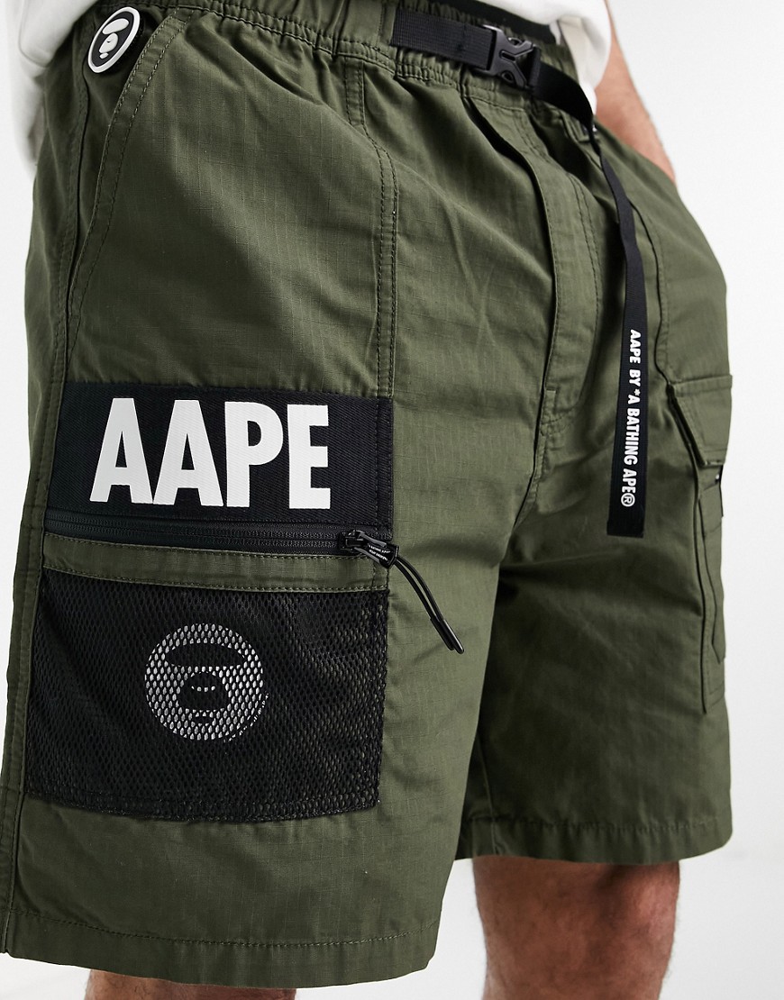 AAPE By A Bathing Ape belted ripstop shorts in green