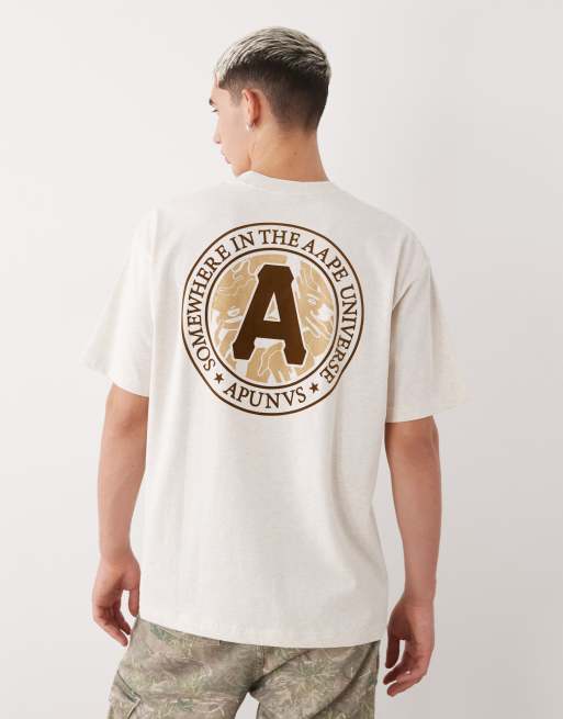 AAPE By A Bathing Ape – Beżowy T-shirt o pudełkowym kroju z nadrukiem z przodu i na plecach