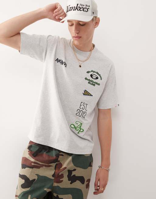 AAPE BY A BATHING APE boxy fit T-shirt in gray with multi placement college embroidery