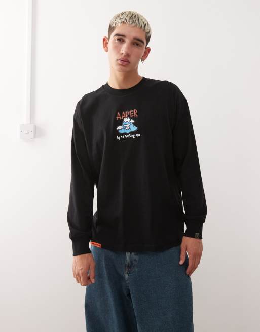 Aape by A Bathing Ape boxy long sleeve t-shirt in black with mountain back print, 3 of 5