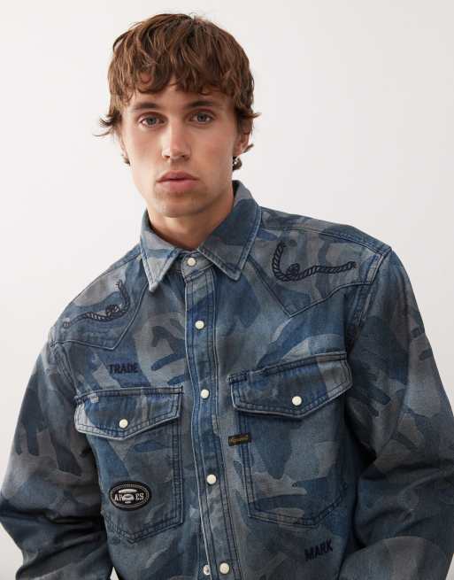 Aape by A Bathing Ape - Camicia in denim ampia a maniche lunghe mimetica jacquard, 3 di 4