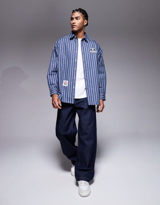Aape by A Bathing Ape - Camicia oversize a maniche lunghe a righe blu navy con ricamo sul retro, 2 di 5