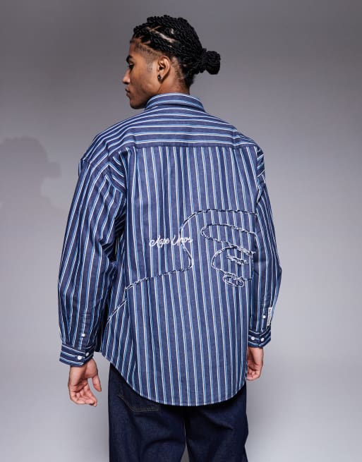 Aape by A Bathing Ape - Camicia oversize a maniche lunghe a righe blu navy con ricamo sul retro, 3 di 5
