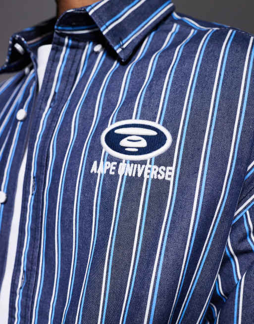 Aape by A Bathing Ape - Camicia oversize a maniche lunghe a righe blu navy con ricamo sul retro, 5 di 5