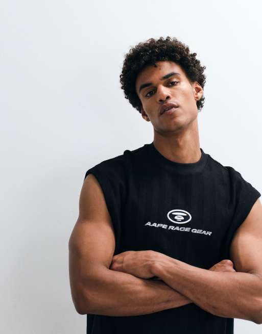 Aape by A Bathing Ape - Canotta nera slavata ampia senza maniche con logo applicato, 4 di 5