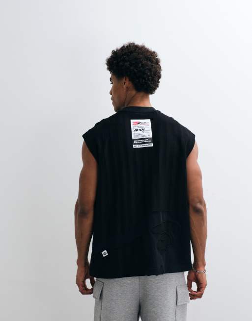 Aape by A Bathing Ape - Canotta nera slavata ampia senza maniche con logo applicato, 5 di 5