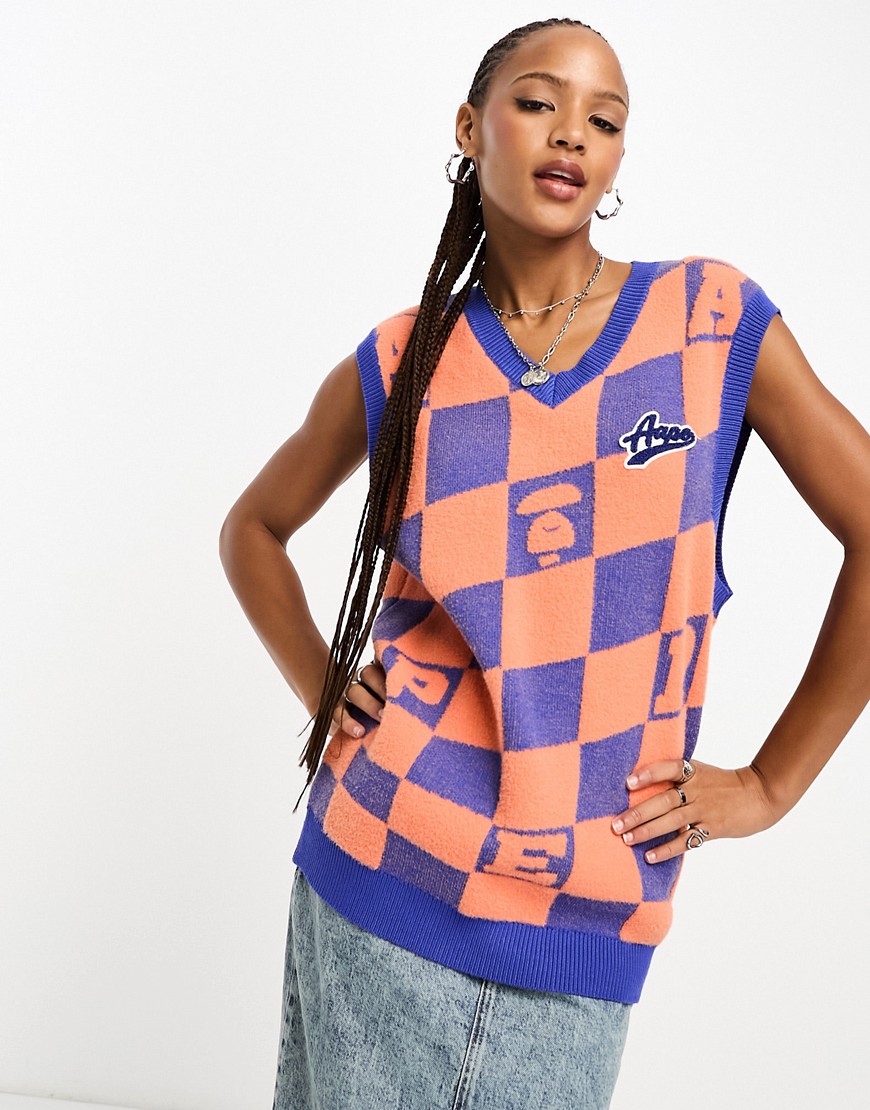 Aape By A Bathing Ape check oversized knitted vest in blue/orange
