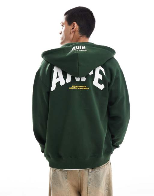 AAPE By A Bathing Ape – Ciemnozielona zapinana na zamek bluza z kapturem i logo