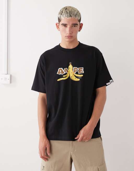 AAPE By A Bathing Ape – Czarny T-shirt o pudełkowym kroju z nadrukiem z logo z przodu i na plecach
