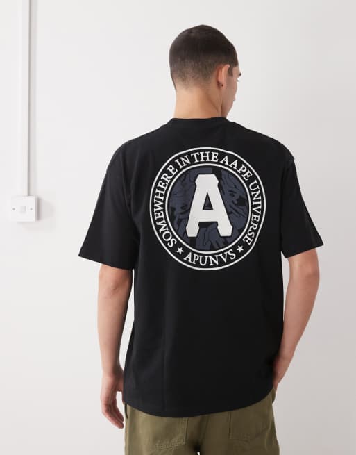 AAPE By A Bathing Ape – Czarny T-shirt o pudełkowym kroju z nadrukiem z przodu i na plecach