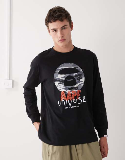 AAPE By A Bathing Ape – Czarny T-shirt z długimi rękawami o pudełkowym kroju z nadrukiem na piersi