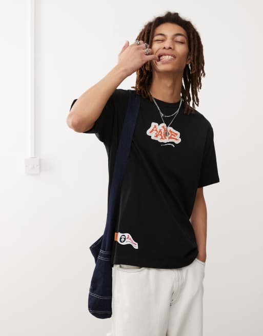 【 A BATHING APE】Aape Tシャツ AAPE By A Bathing Ape – Czarny T-shirt z nadrukiem w stylu