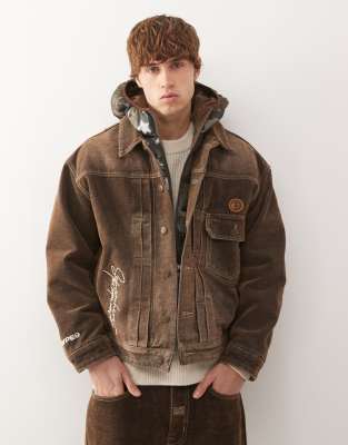 Aape By A Bathing Ape Denim Jacket With Camo Padded Hood In Brown