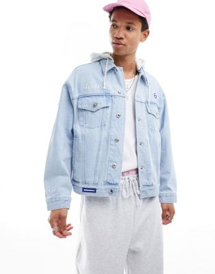 Aape By A Bathing Ape Denim Jacket With Removable Hood In Lightwash Blue