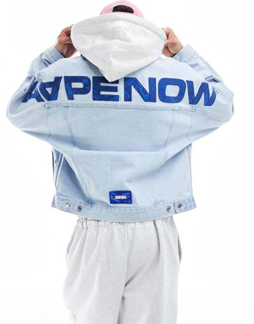 AAPE By A Bathing Ape denim jacket with removable hood in lightwash blue