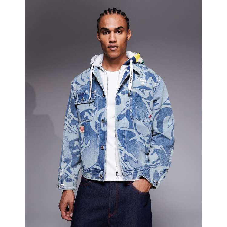 Aape by A Bathing Ape denim trucker jacket in blue camo with hood