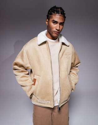 Aape by A Bathing Ape faux suede chore jacket in beige with faux fur lining-Neutral