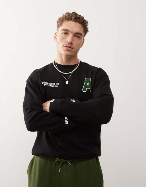 AAPE BY A BATHING APE - Felpa basic nera con stampa mimetica sul retro e logo, 2 di 4