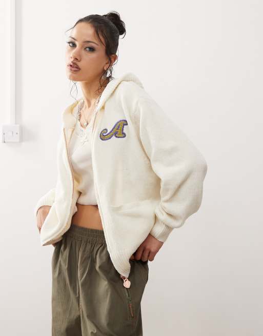 Aape By A Bathing Ape - Felpa con cappuccio color avorio in maglia con logo e zip