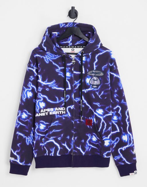 AAPE By A Bathing Ape - Felpa con cappuccio nera con stampa di fulmini in coordinato
