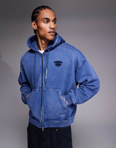 Aape by A Bathing Ape - Felpa con cappuccio oversize pesante blu slavato con zip e cappuccio stampato - view 1
