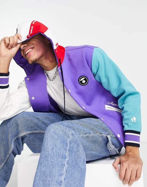 AAPE By A Bathing Ape – Fioletowa dżersejowa kurtka bomberka w stylu uczelnianym