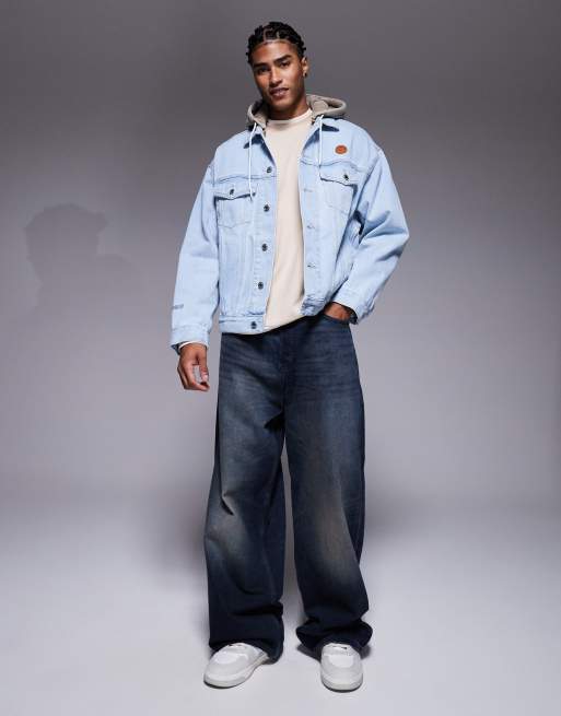 Aape by A Bathing Ape - Giacca di jeans con cappuccio blu lavaggio medio con ricamo sul retro, 2 di 5
