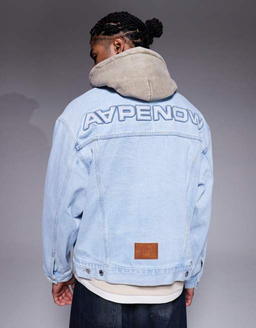 Aape by A Bathing Ape - Giacca di jeans con cappuccio blu lavaggio medio con ricamo sul retro, 3 di 5