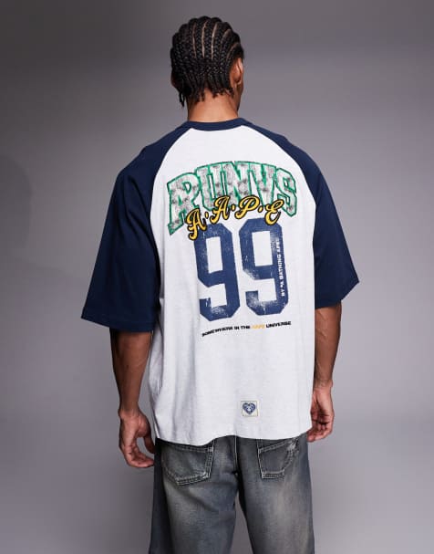 Aape by A Bathing Ape – Grå och blå t-shirt i oversize med raglanärmar och tryck baktill - view 1