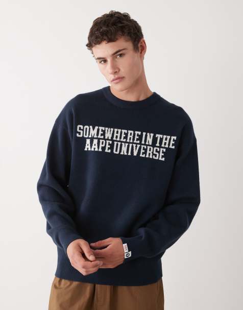 AAPE By A Bathing Ape – Granatowy dzianinowy sweter z nadrukiem logo na piersi i plecach - view 1