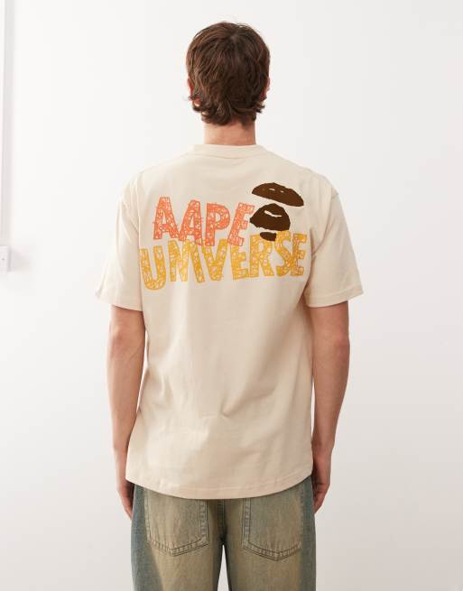 AAPE By A Bathing Ape – Jasnobrązowy T-shirt o pudełkowym kroju z nadrukiem na piersi i na plecach