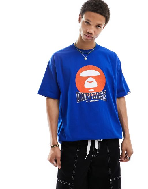 AAPE BY A BATHING APE® – Kastiges, kurzärmliges T-Shirt in Blau mit Grafikprint auf der Vorderseite