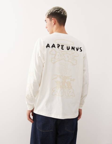 AAPE BY A BATHING APE® – Kastiges, langärmliges T-Shirt in Wollweiß mit Prints an der Brust und an den Ärmeln - view 1