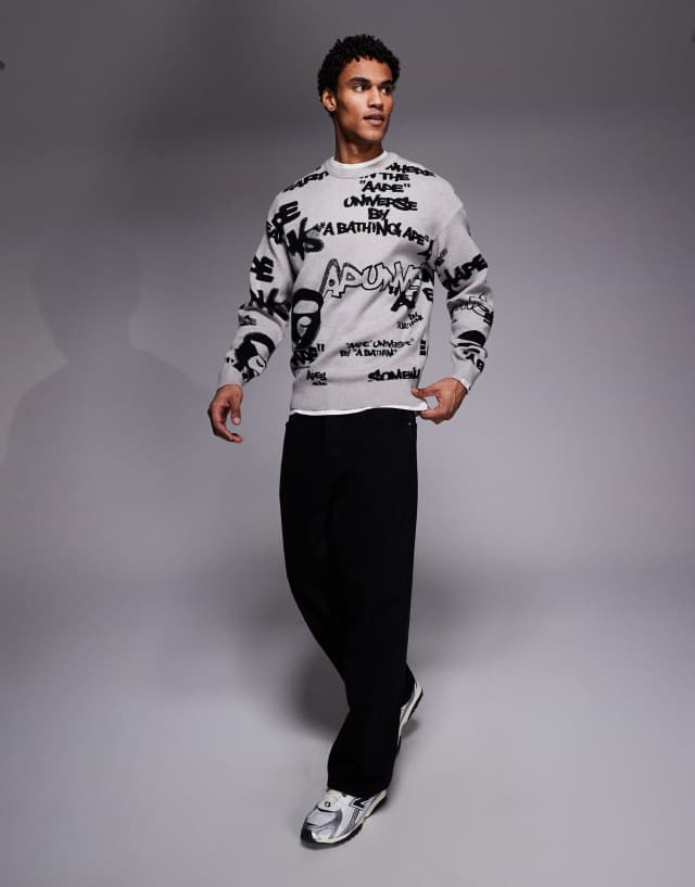 Aape by A Bathing Ape knit sweater in gray with all over graffiti