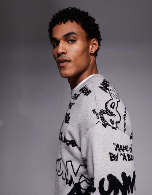 Aape by A Bathing Ape knit sweater in gray with all over graffiti print, 4 of 5