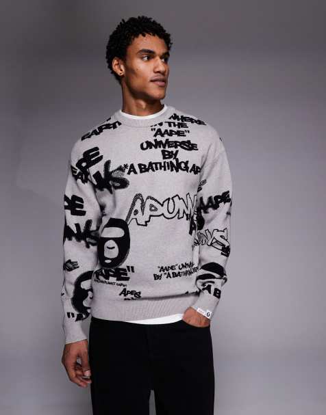 Aape by A Bathing Ape knitted jumper in grey with all over graffiti print - view 1