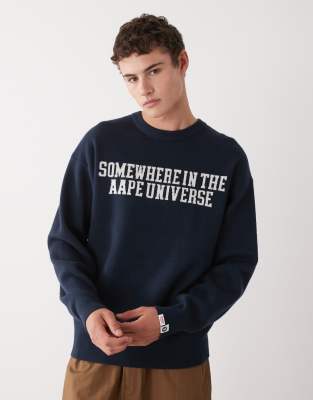Aape by A Bathing Ape knitted jumper in navy with chest and back logo print