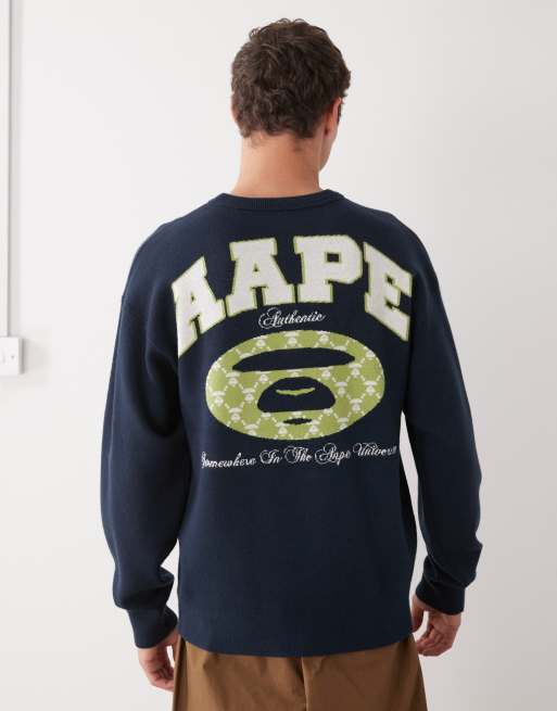 Aape by A Bathing Ape knitted jumper in navy with chest and back logo print, 3 of 5